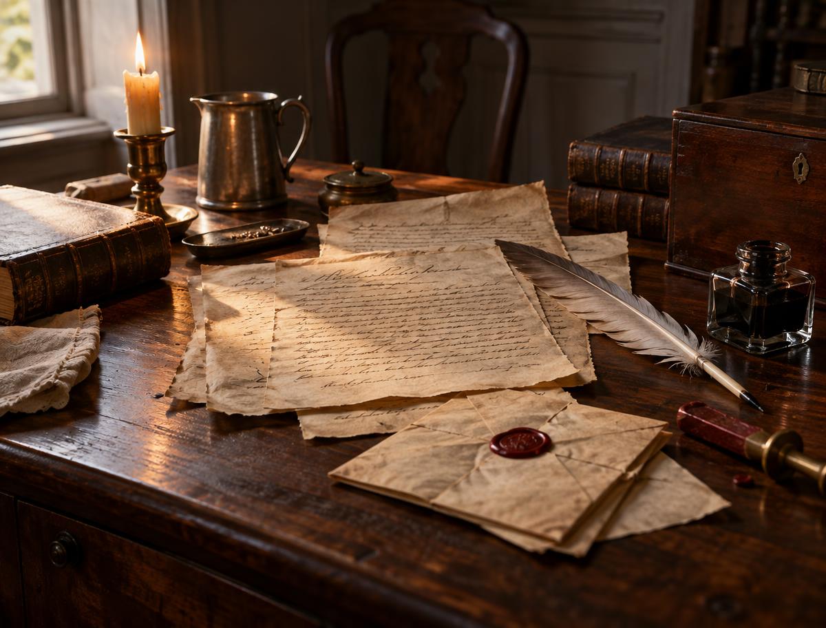 Colonial-era writing desk with handwritten parchment, a feather quill, inkwell, and wax seal
